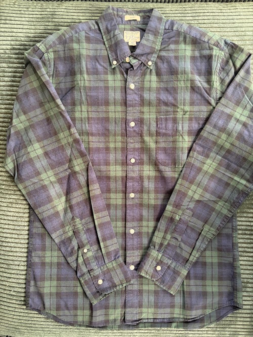 J. CREW: Stretch Secret Wash shirt SLIM - M navy, green black watch